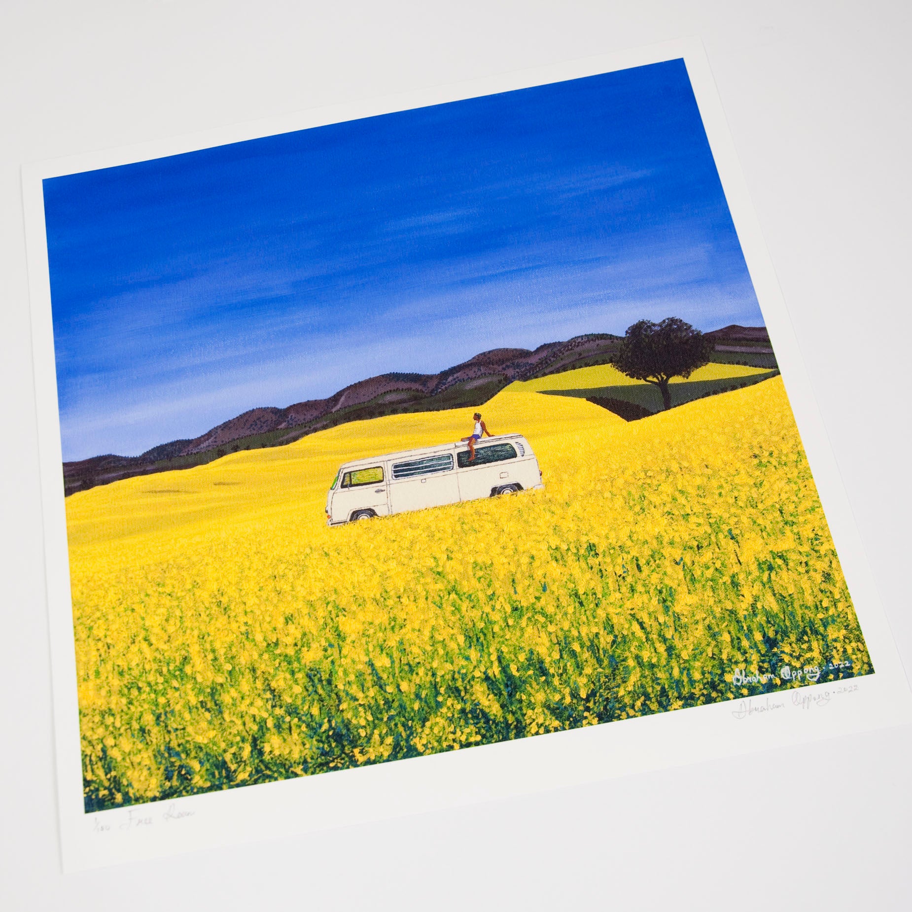 High quality giclee signed print of free roam, a man sitting on the roof of a white campervan on a sunny day of blue skies in yellow flower fields with trees and hills in the background.
