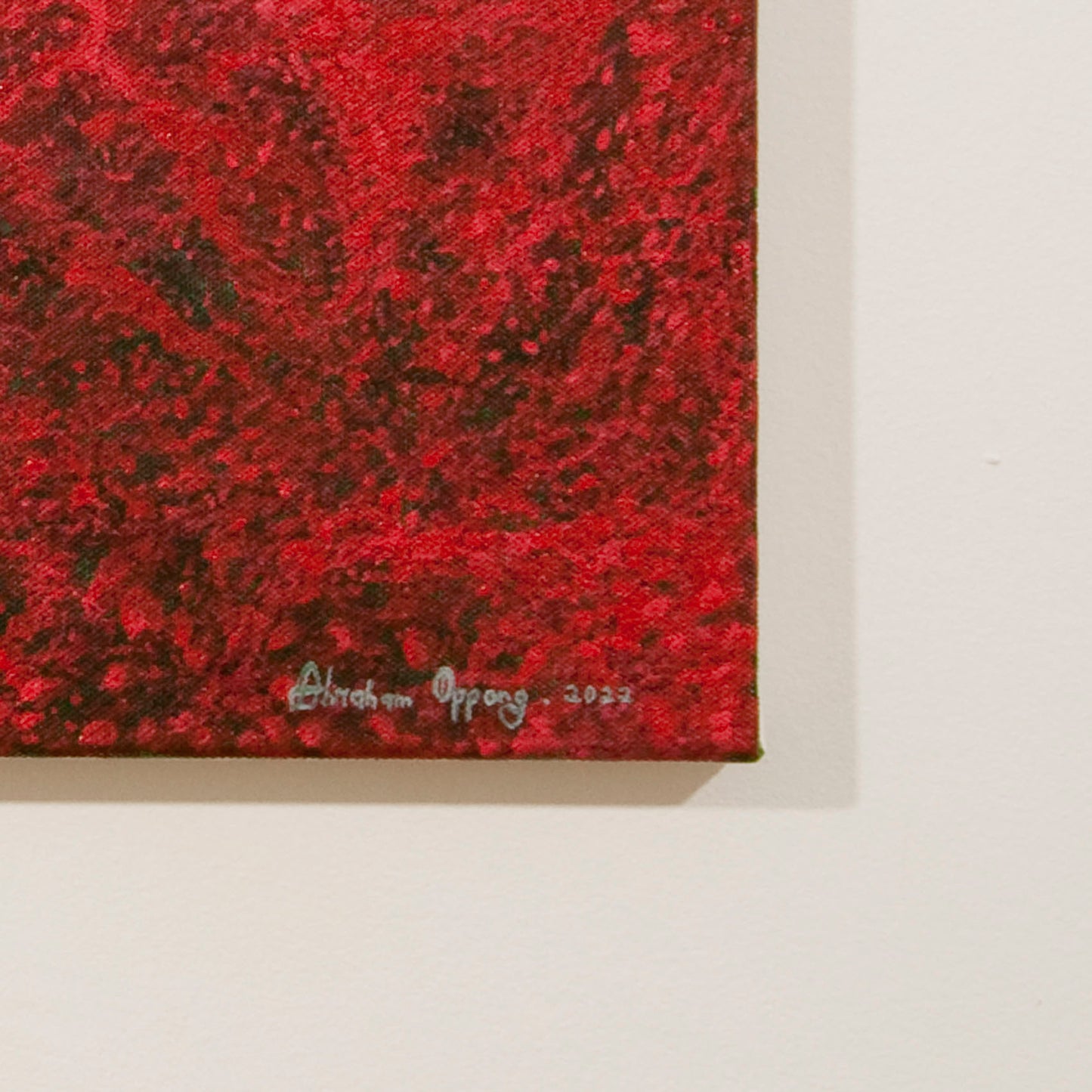 Original semiabstract landscape painting of red fields with an astronaut in white space suit with bluey pink skies and greenish grey hills beyond, artist signature.