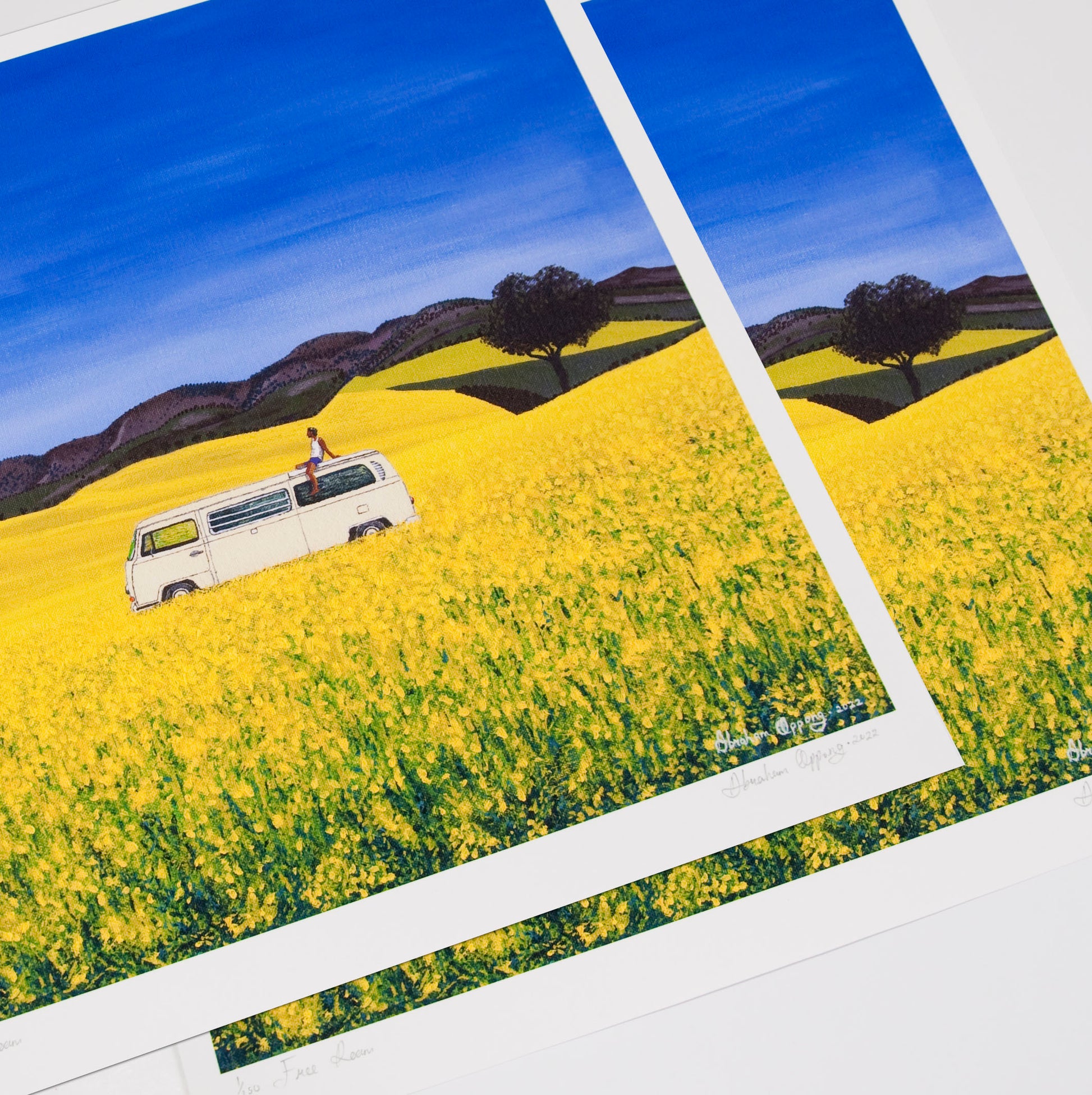 High quality giclee signed prints of free roam, a man sitting on the roof of a white campervan on a sunny day of blue skies in yellow flower fields with trees and hills in the background. Modern high quality affordable art prints.